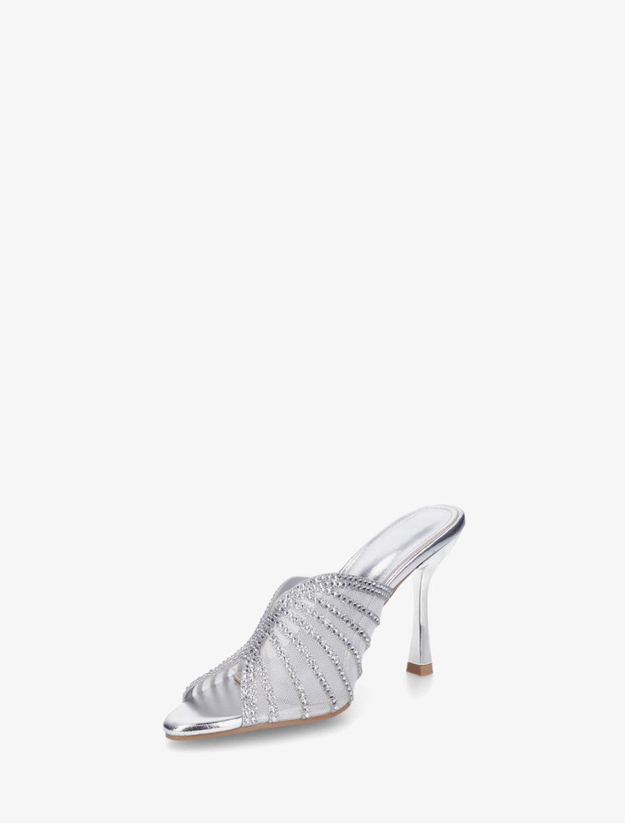 Mules à talon et ganse strassée - Argent - 3