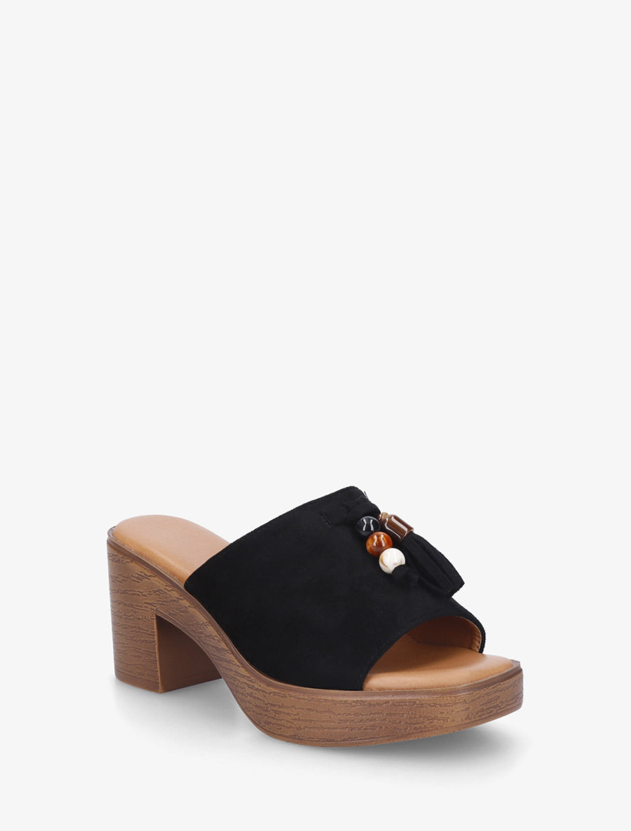 Mules à talon effet bois et empiècement pierres - Noir - 2