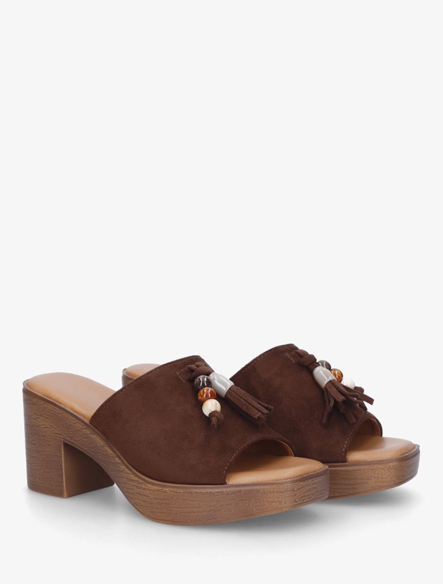 Mules à talon effet bois et empiècement pierres - Marron - 4