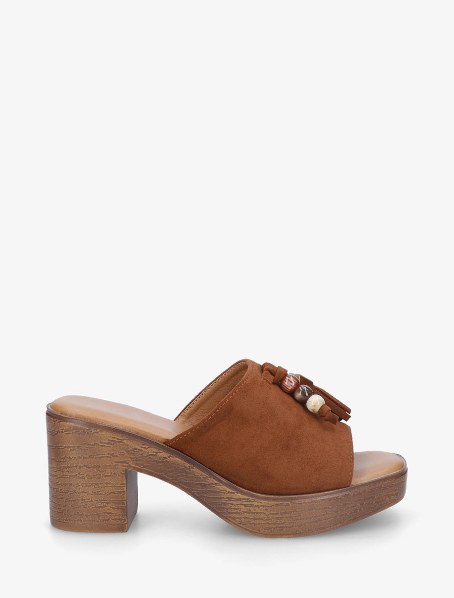 Mules à talon effet bois et empiècement pierres - Camel - 1