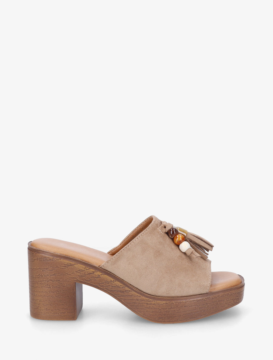 Mules à talon effet bois et empiècement pierres - Taupe - 1