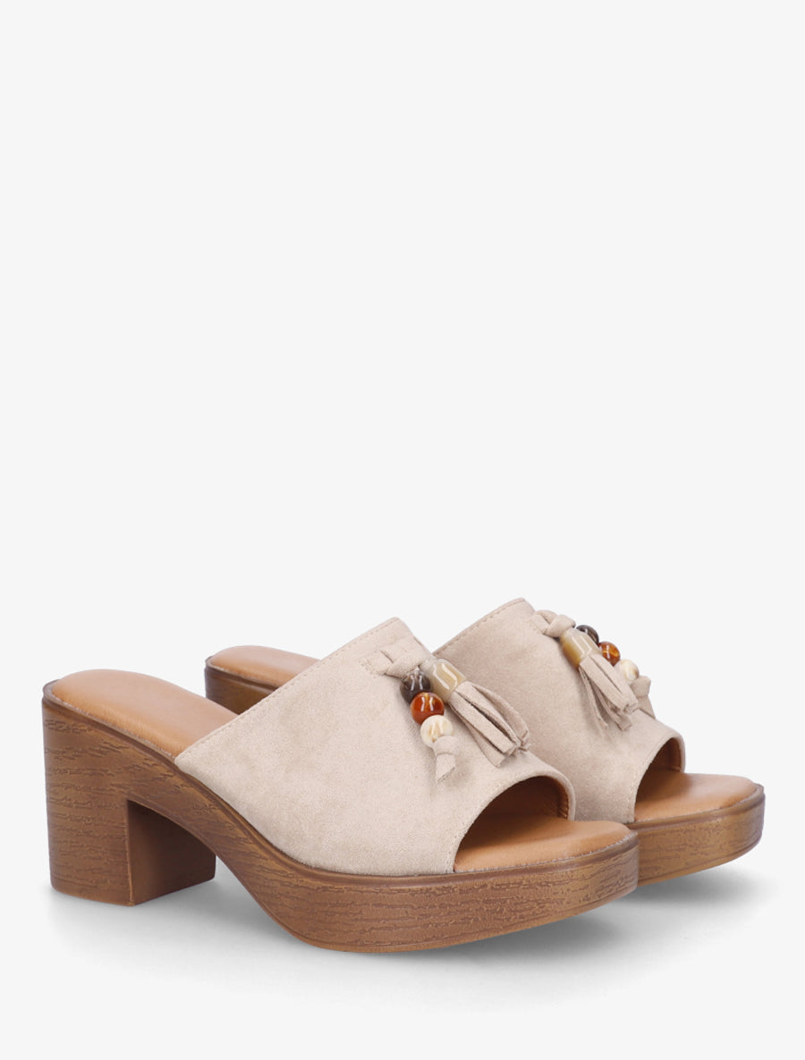 Mules à talon effet bois et empiècement pierres - Beige - 4