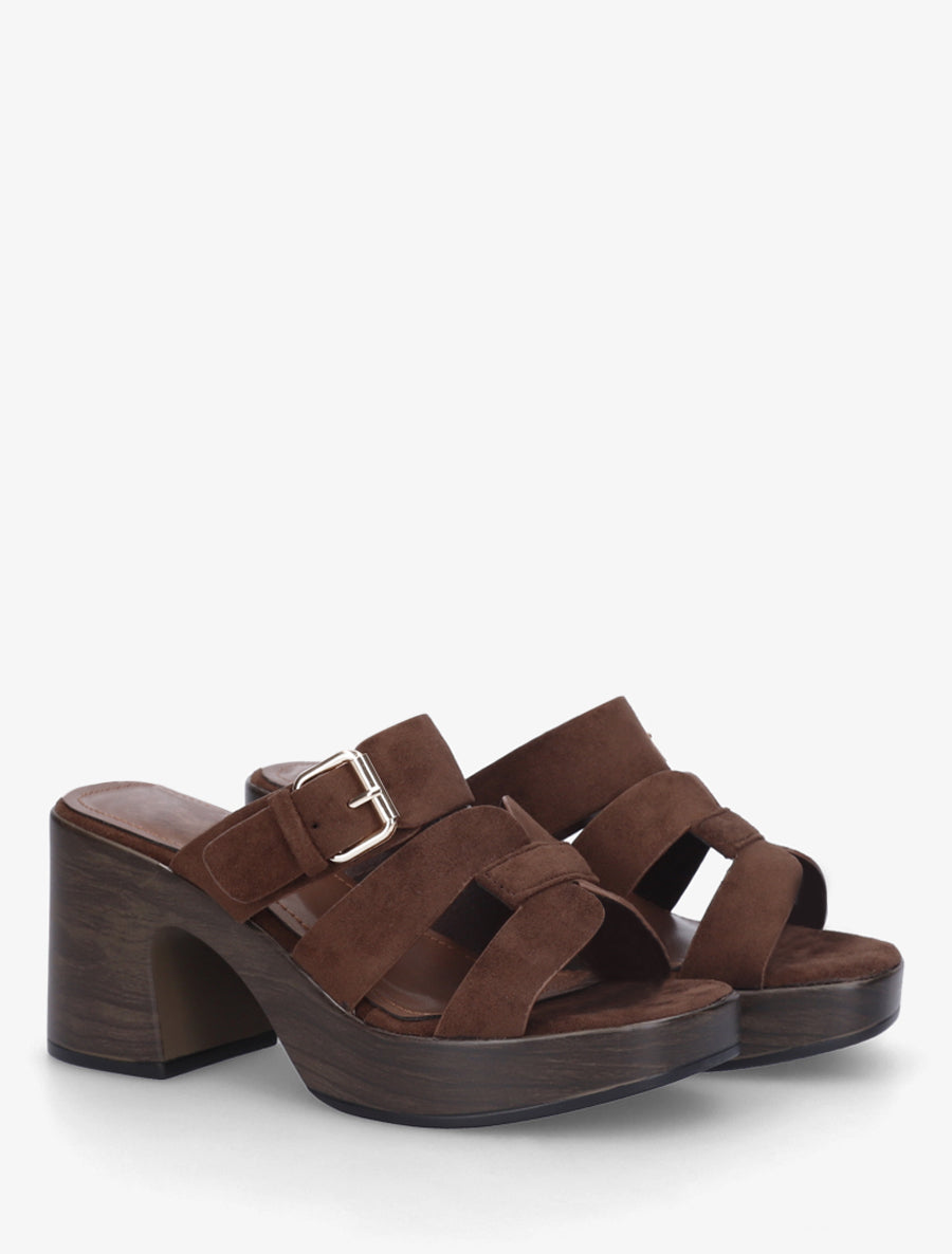 Mules à talon effet bois à boucle - Marron - 4