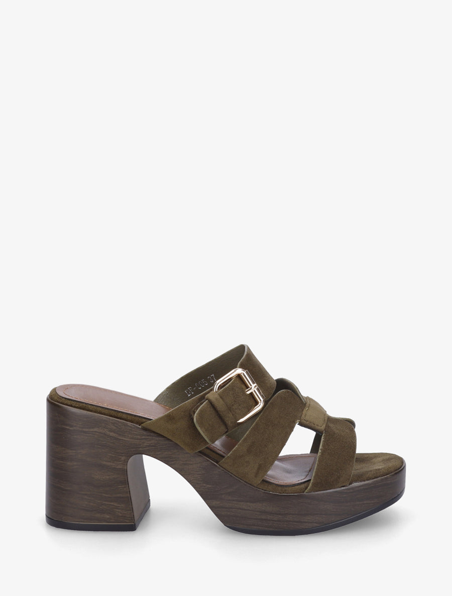Mules à talon effet bois à boucle - Kaki foncé - 1