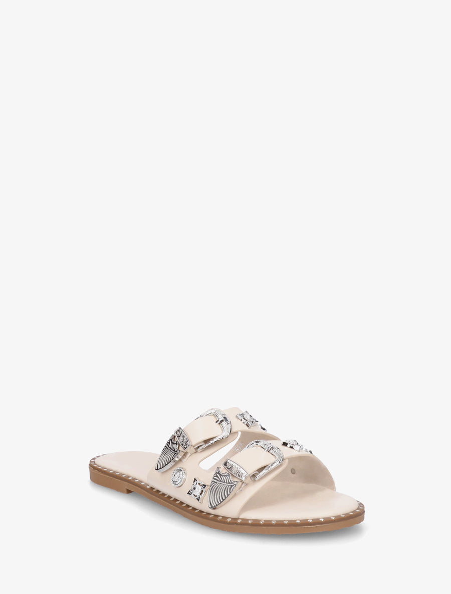 Claquettes à clous fantaisies et boucles - Beige - 2