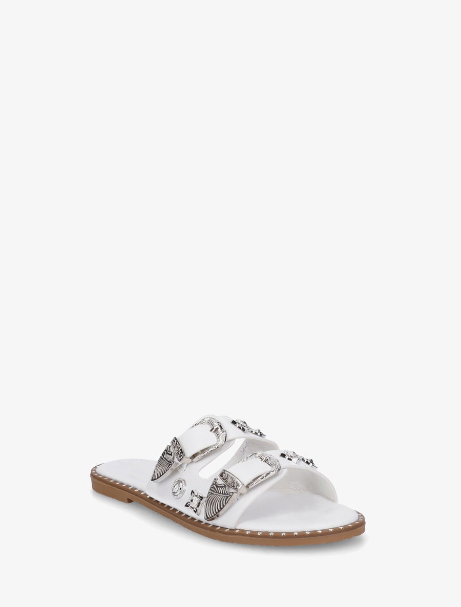 Claquettes à clous fantaisies et boucles - Blanc - 2