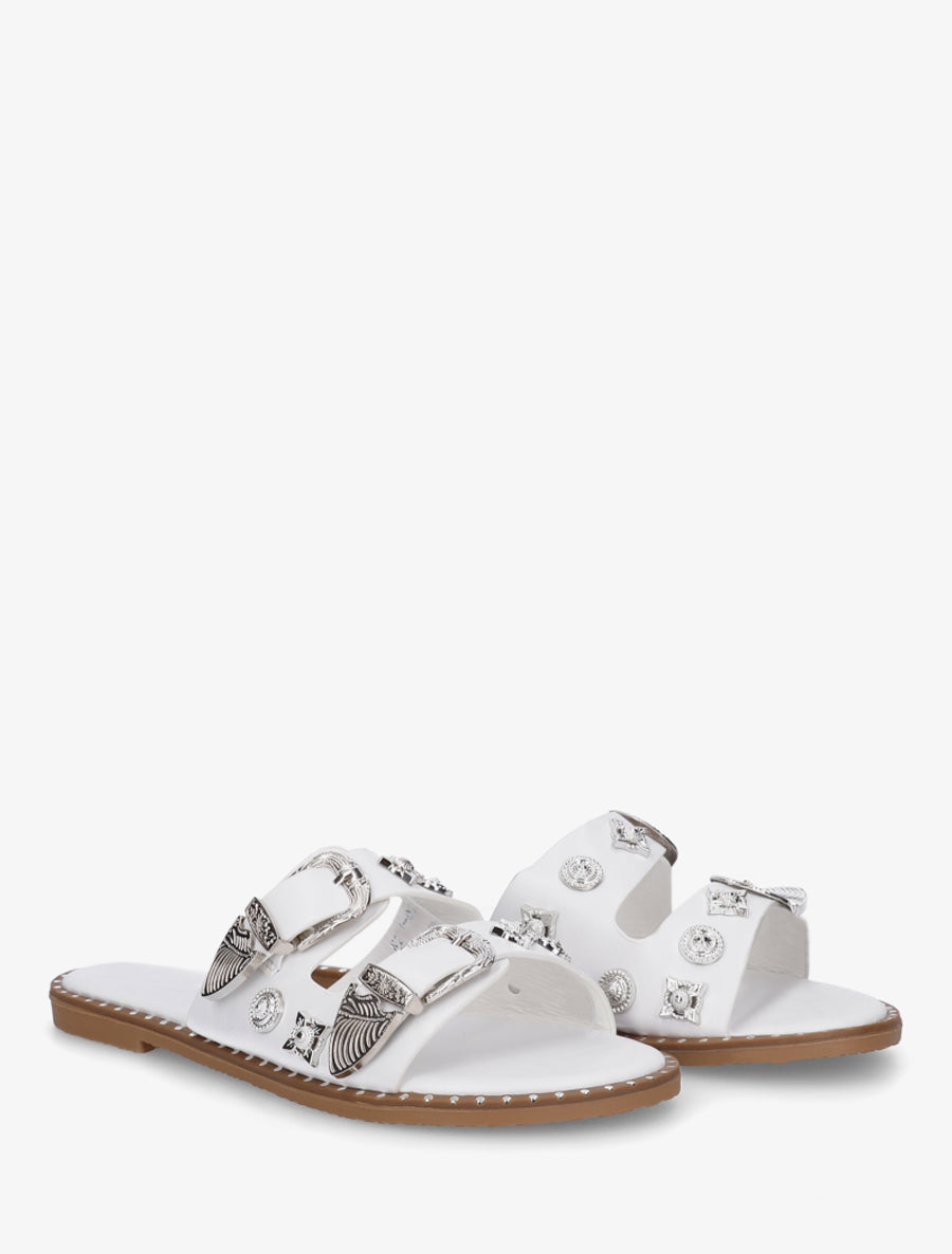 Claquettes à clous fantaisies et boucles - Blanc - 4