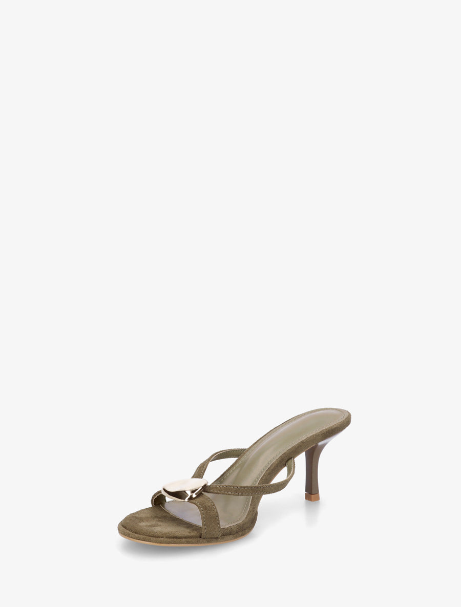 Mules en suédine à empiècement bijou - Kaki - 3