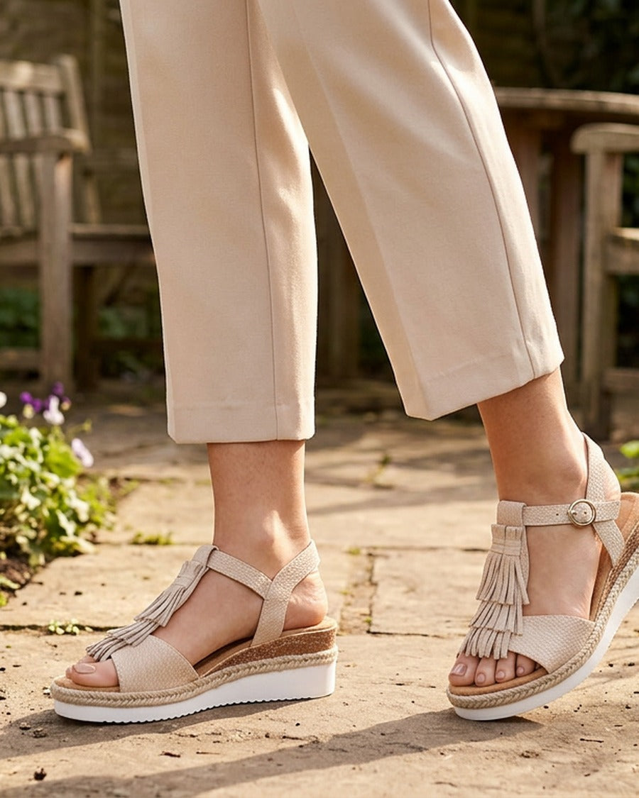 Sandales pailletées à franges en suédine - Beige