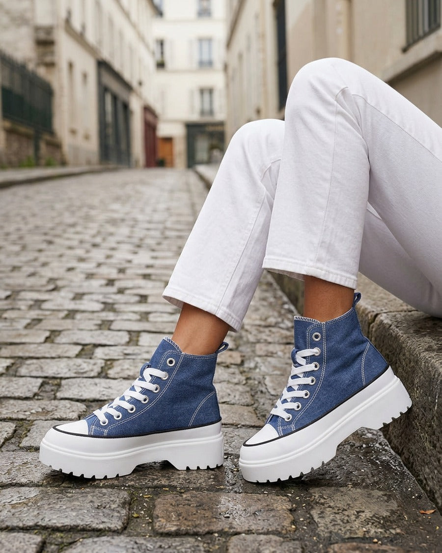 Baskets montantes en tissu à semelle crantée - Bleu