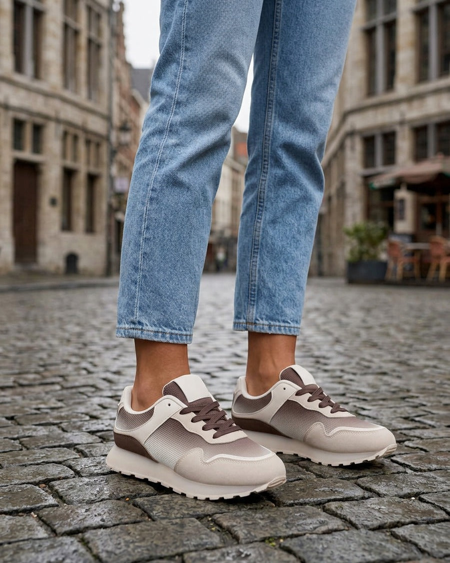 Sneakers bi-matière à semelle épaisse - Marron