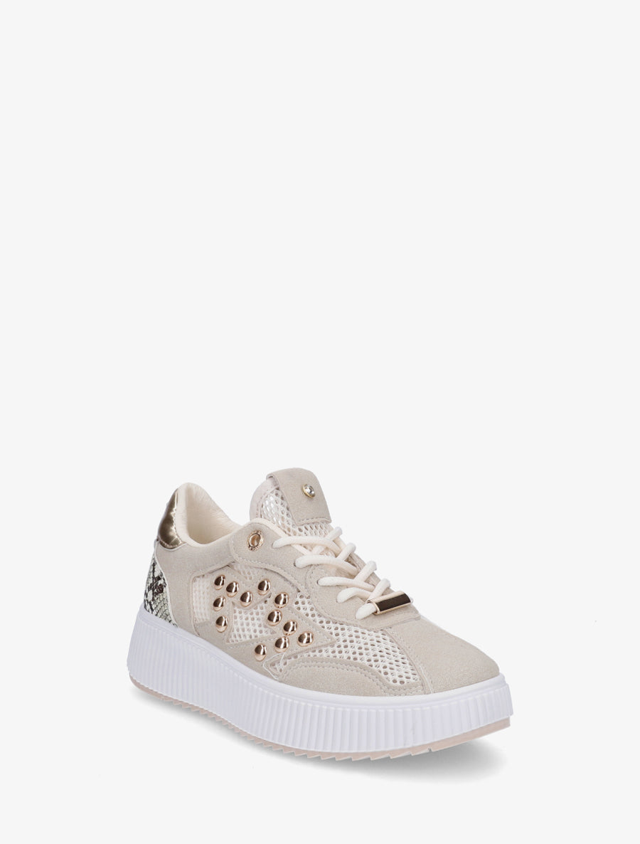 Baskets ajourées à strass et plateforme striée - Beige - 2