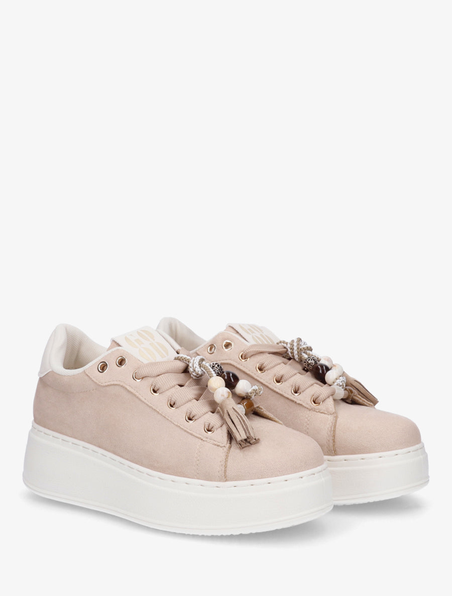 Sneakers en suédine à empiècement perles - Taupe - 4
