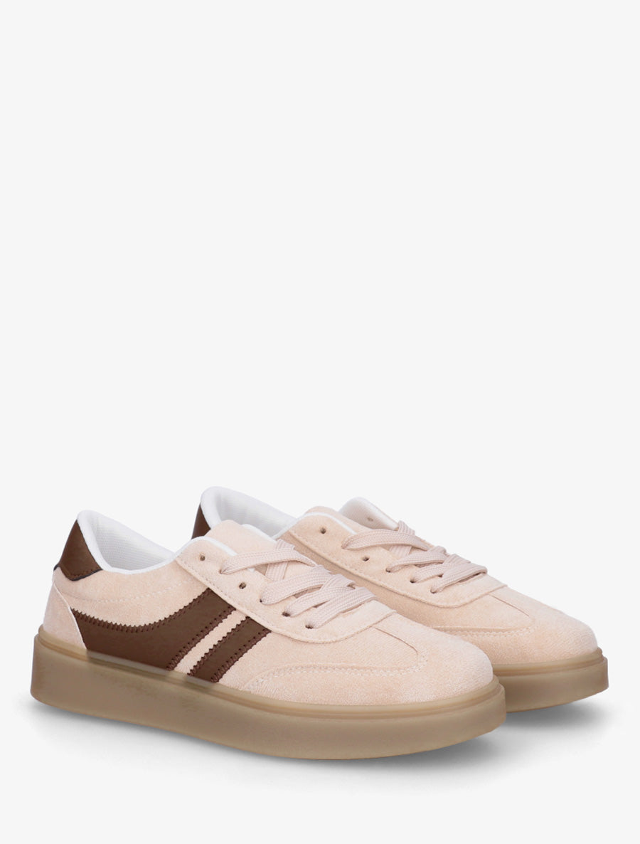 Sneakers en suédine à bandes contrastantes - Beige - 4