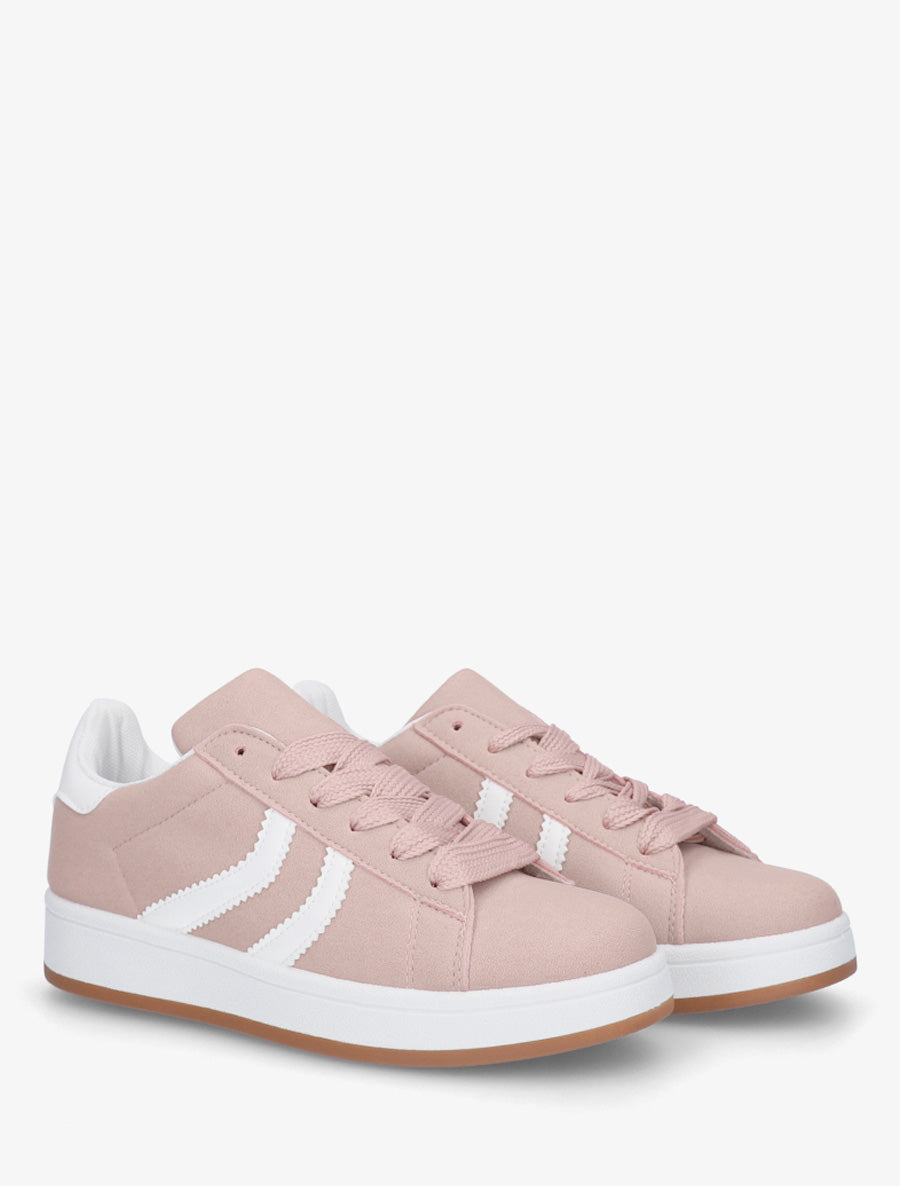 Baskets effet nubuck à bandes dentelées - Rose - 4