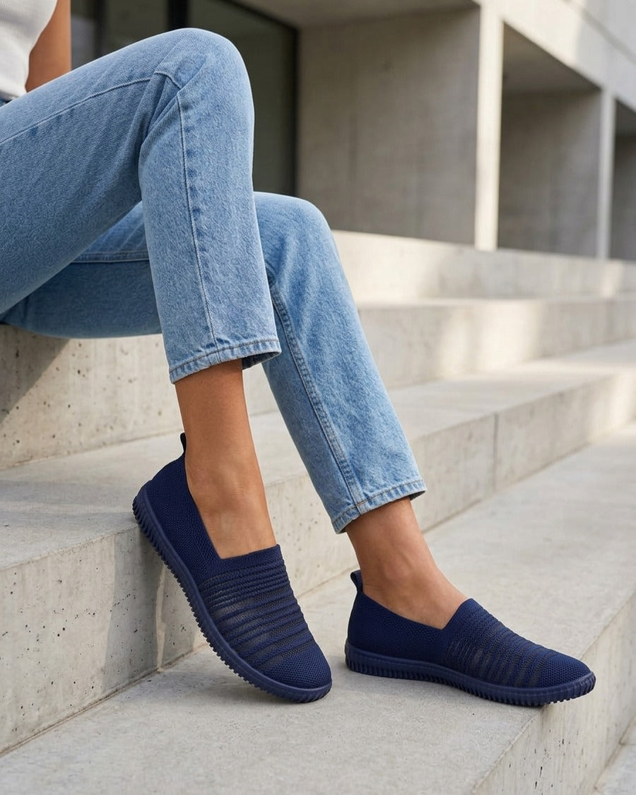 Slip-on en maille ajourée rayée - Marine