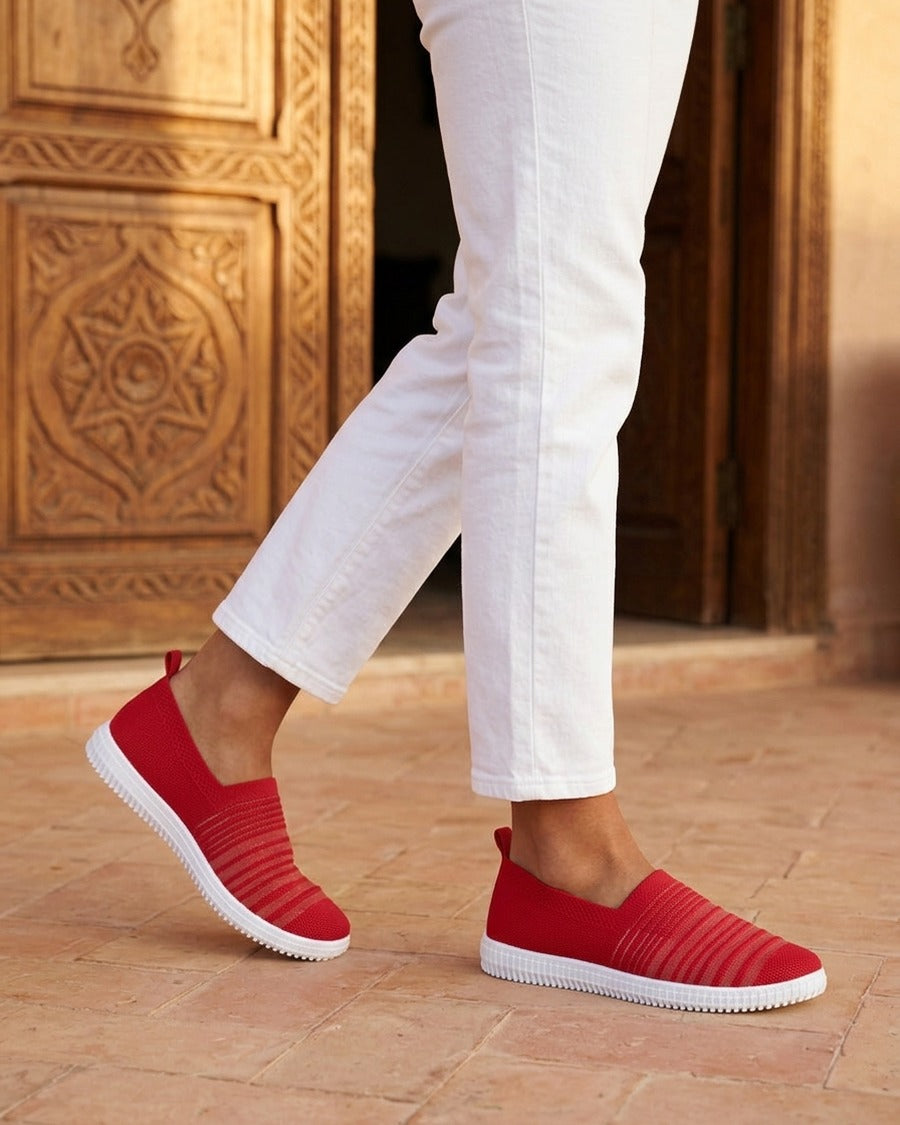 Slip-on en maille ajourée rayée - Rouge