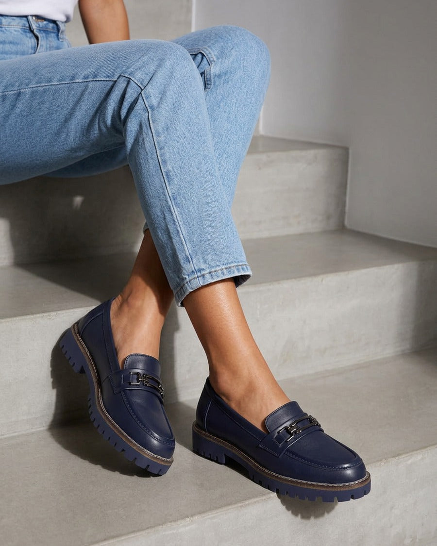 Mocassins en simili à boucle métallique - Marine
