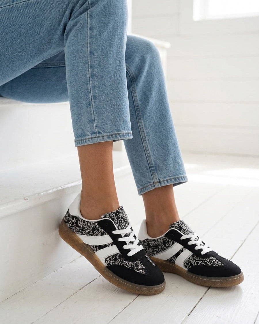 Sneakers bimatière imprimé roses - Noir