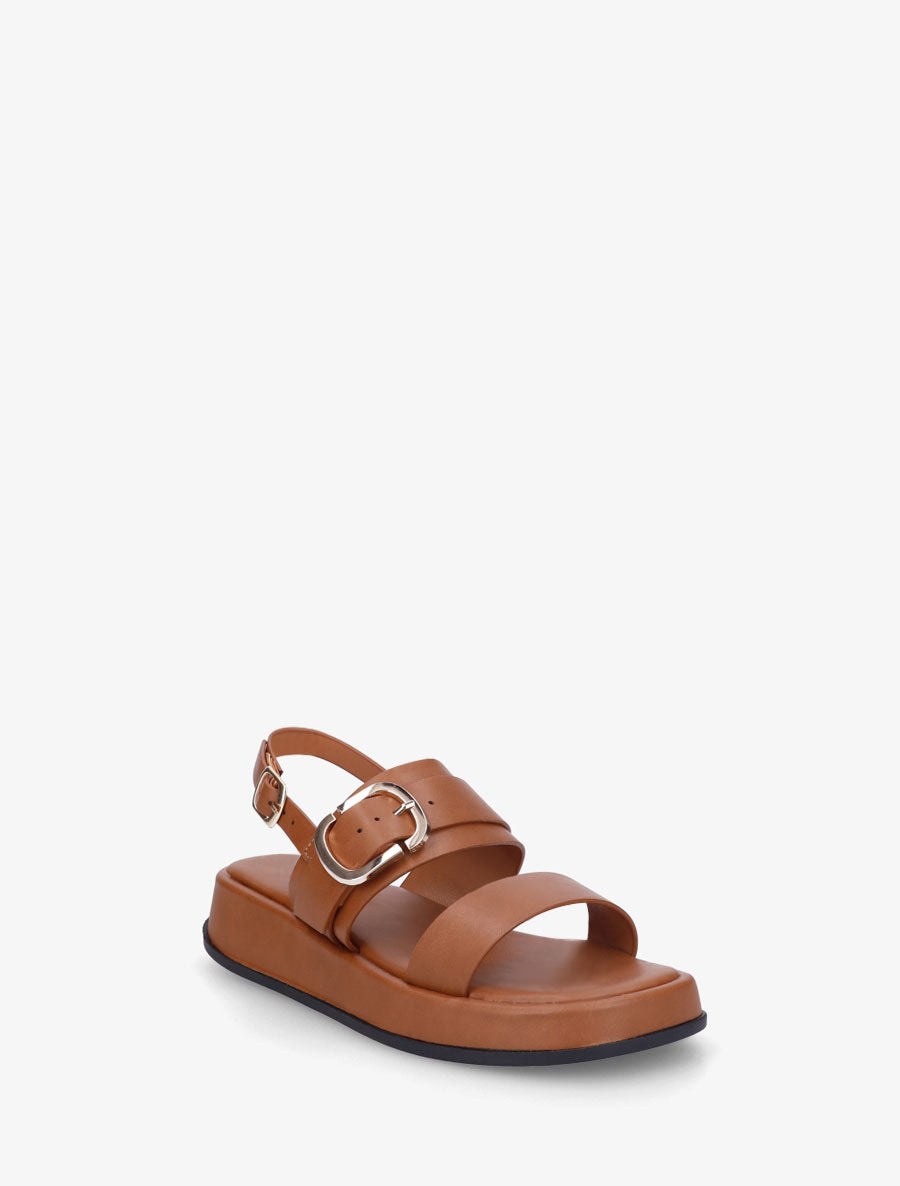 Nu-pieds uni en simili à double boucles - Camel - 2