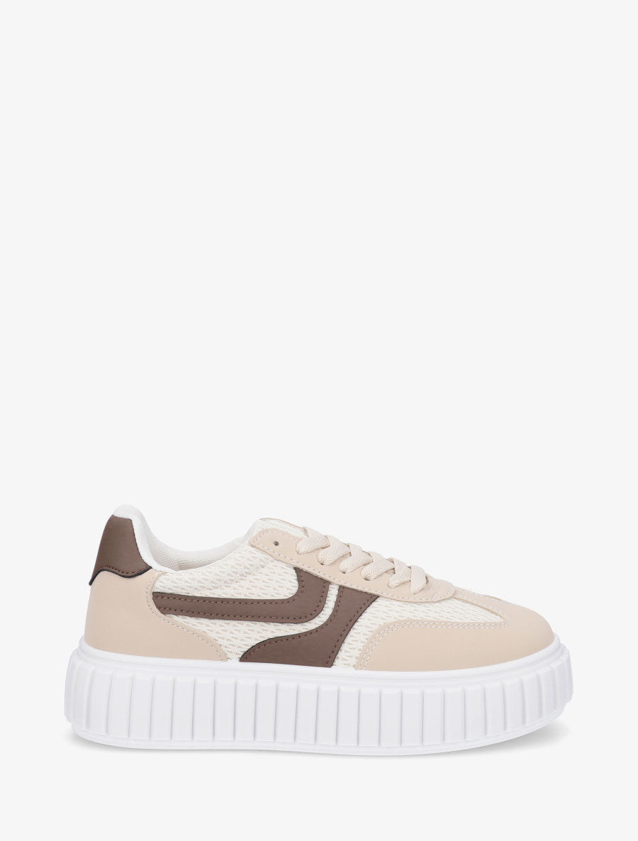 Sneakers bimatière à plateforme striée - Beige - 1