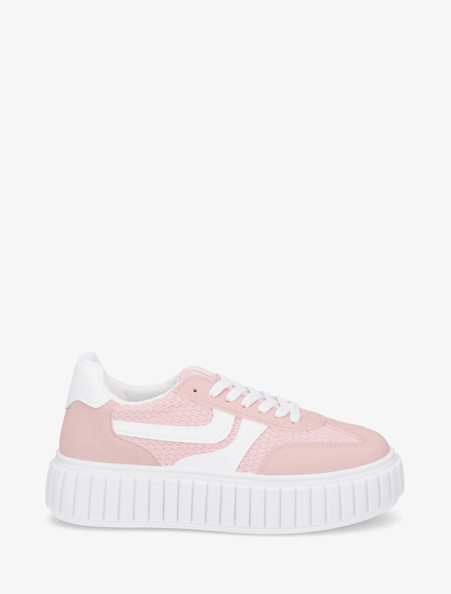 Sneakers bimatière à plateforme striée - Rose - 1