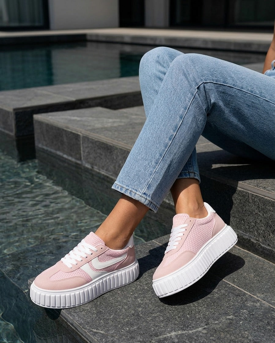 Sneakers bimatière à plateforme striée - Rose
