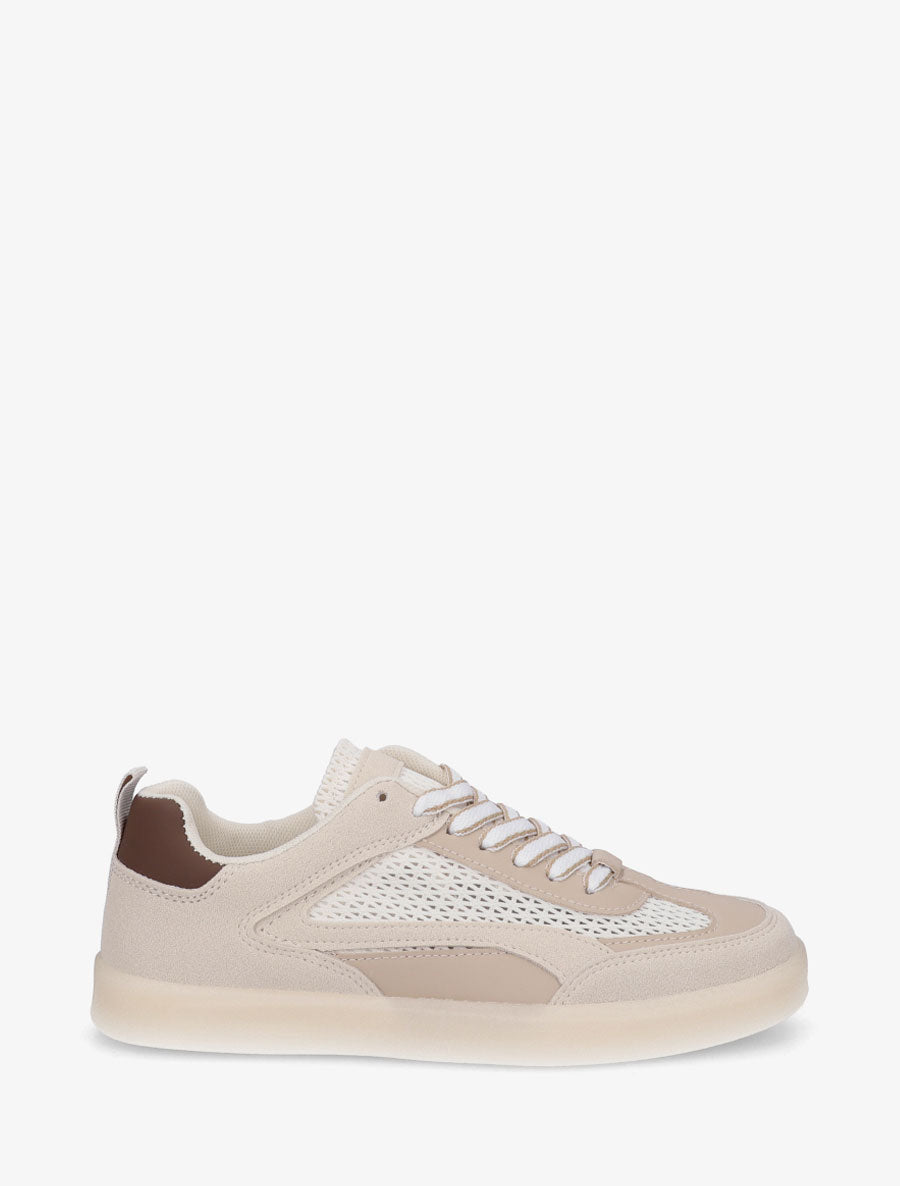 Sneakers en suédine et tissu ajouré - Beige - 1