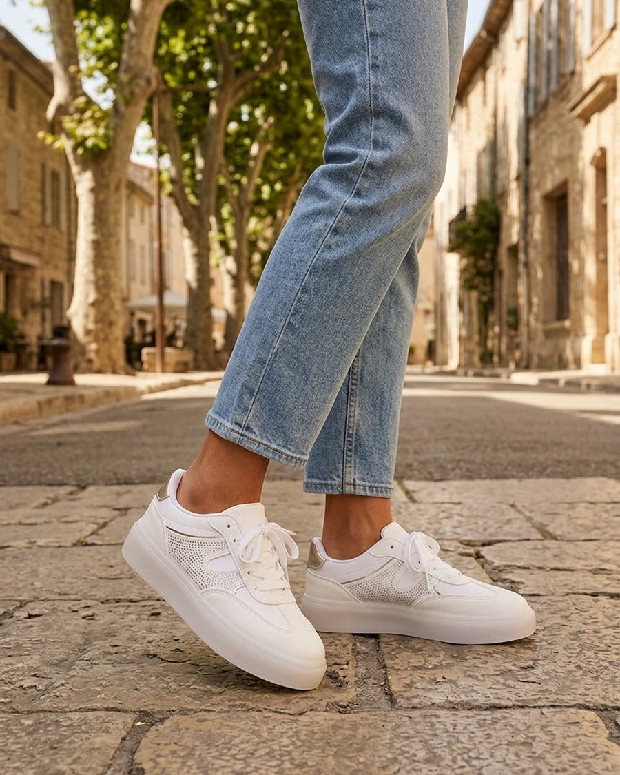 Baskets en simili et tissu satiné à strass - Blanc