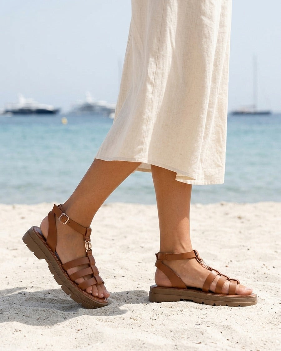 Sandales plates style spartiate - Camel