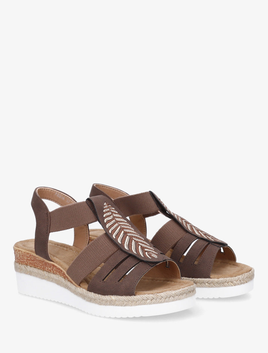 Sandales compensées à motif feuille - Marron - 4