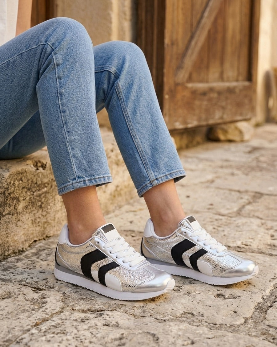 Sneakers à contrefort contrastant et double lacets - Argent