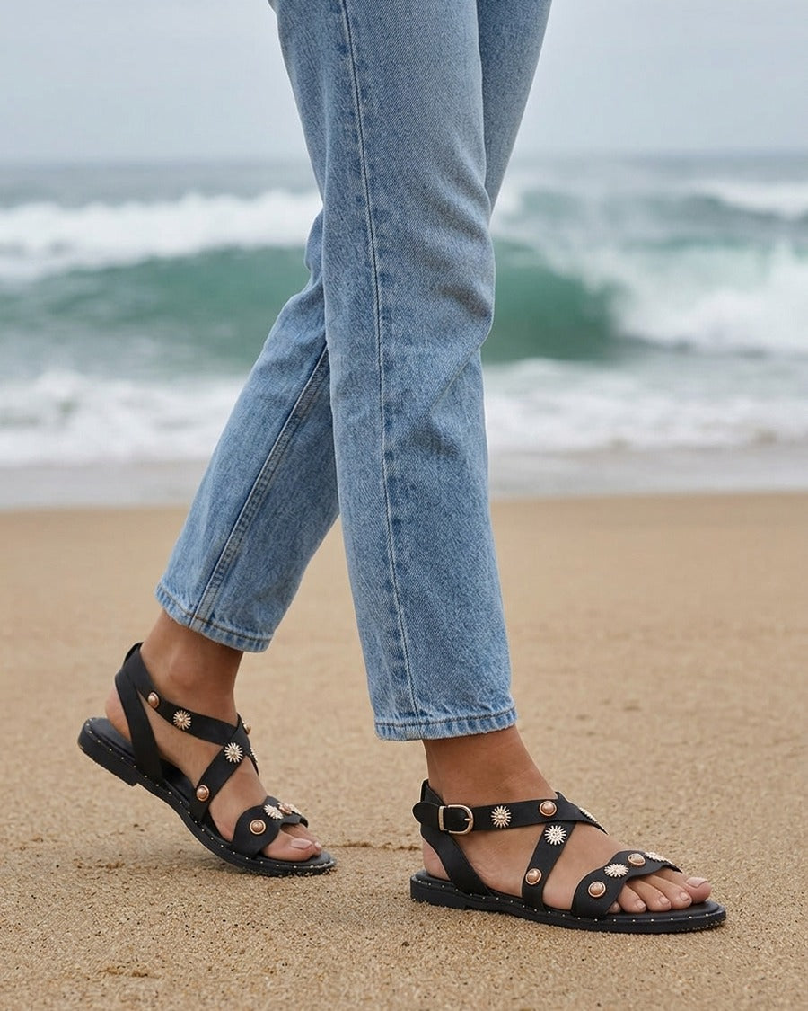 Nu-pieds strassés à semelle plate cloutée - Noir