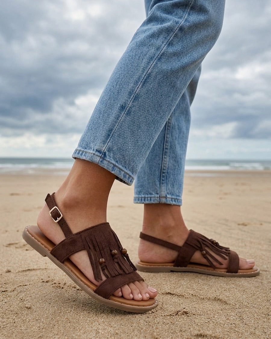 Nu-pieds en suédine à franges et perles - Marron