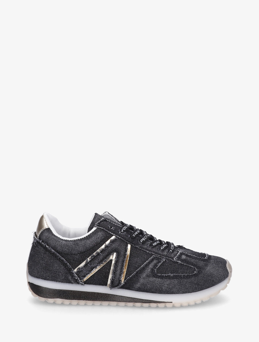 Sneakers en tissu à lacets floqués - Noir - 1