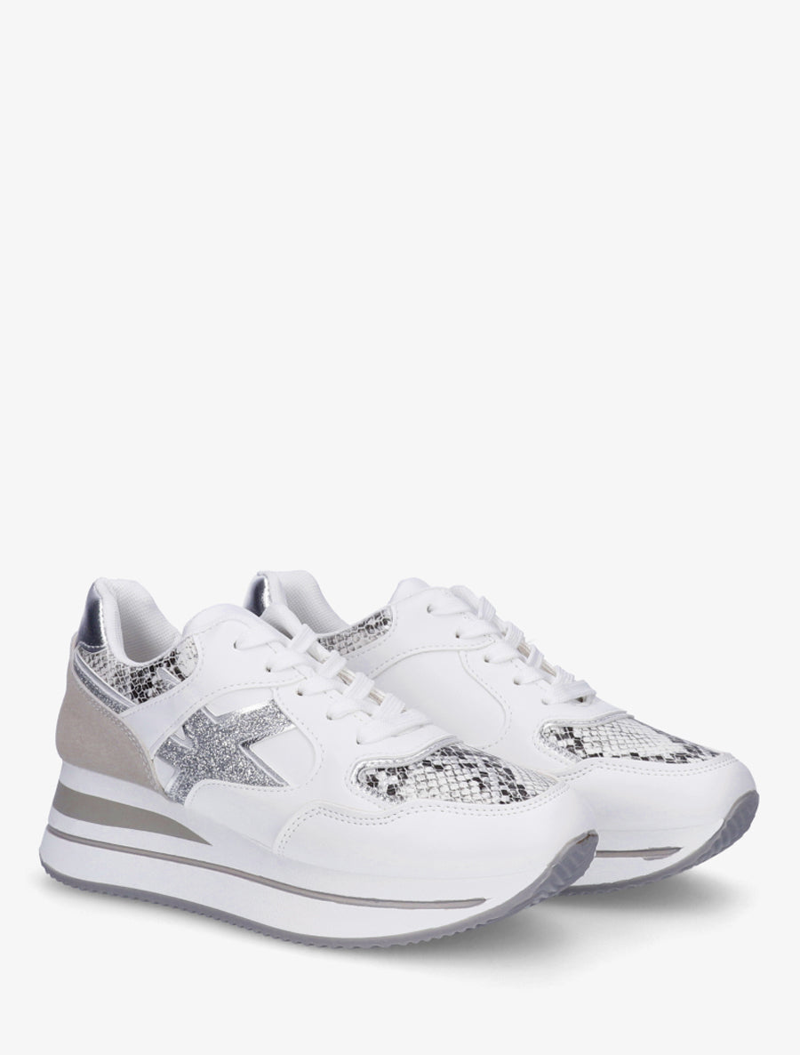 Baskets à paillettes et effet python - Blanc - 4