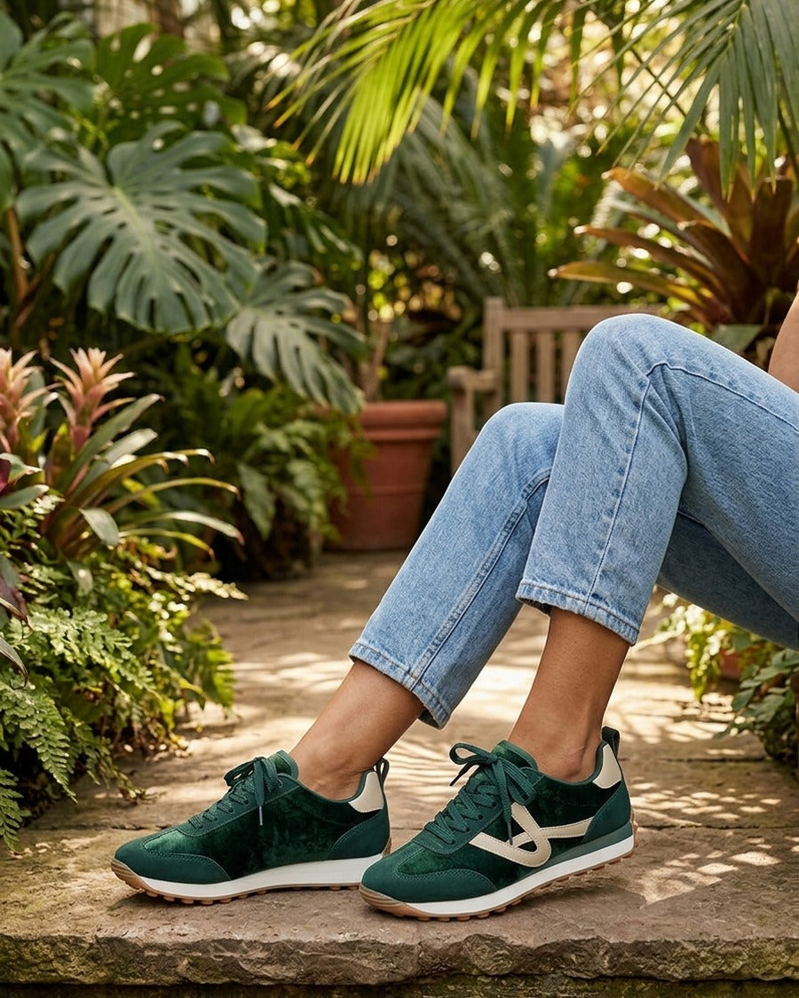 Sneakers en velours à détails contrastants - Vert sapin