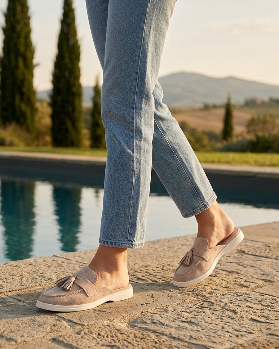 Mules style mocassin à pampilles - Taupe