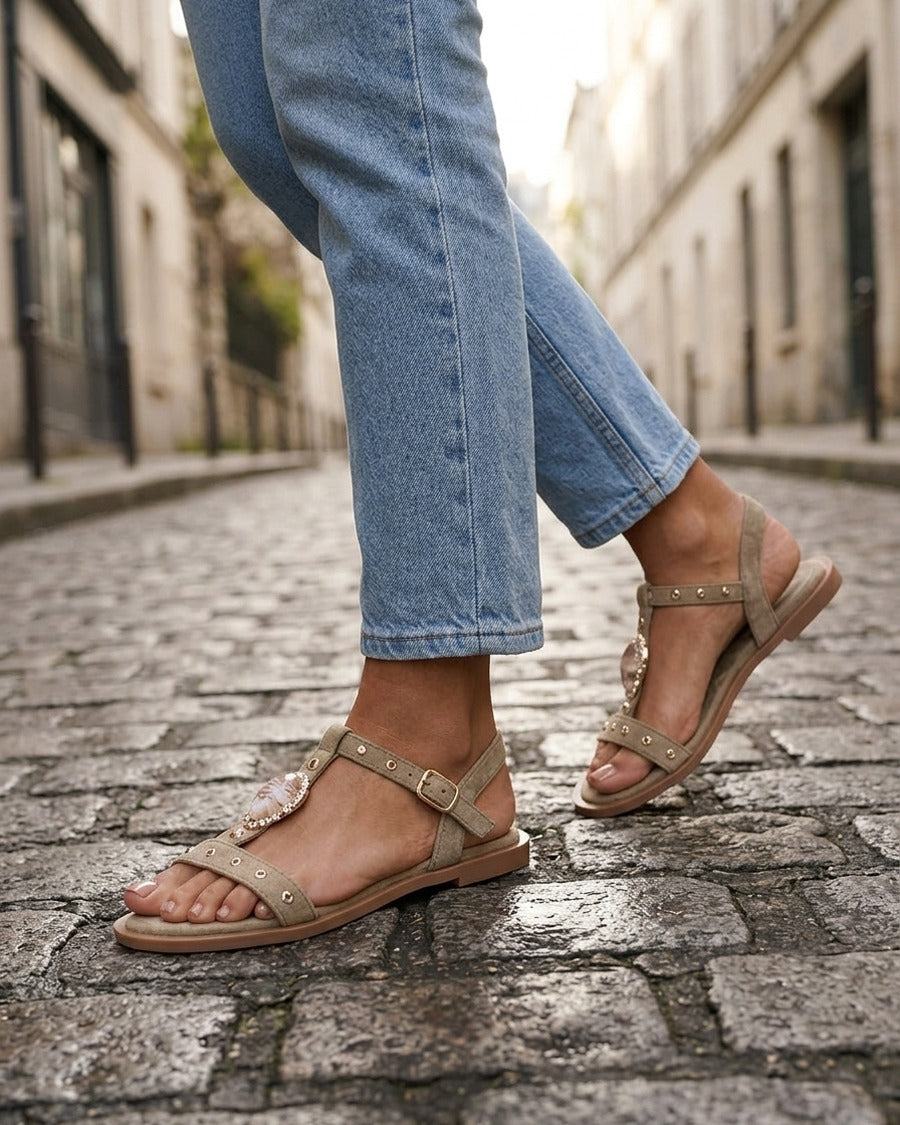 Sandales en suédine à empiècement bijou - Kaki