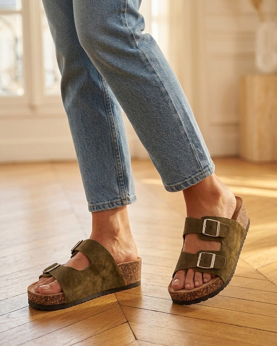 Claquettes en suédine à semelle effet liège - Kaki