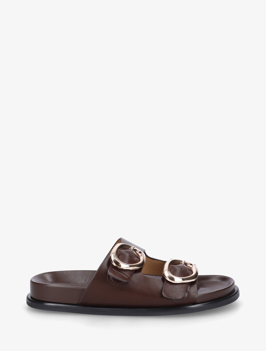 Mules plates en simili à double boucles - Marron - 1