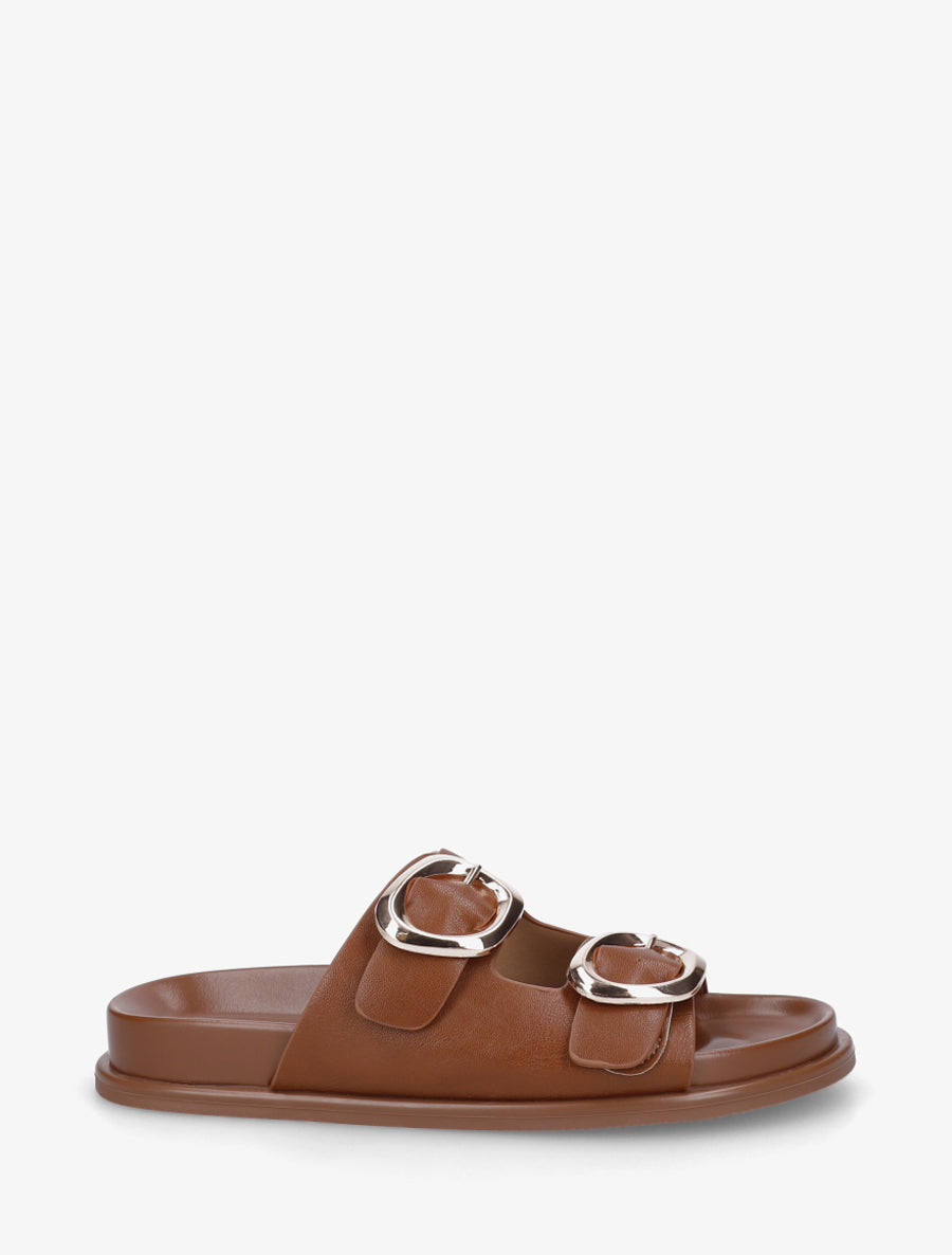 Mules plates en simili à double boucles - Camel - 1