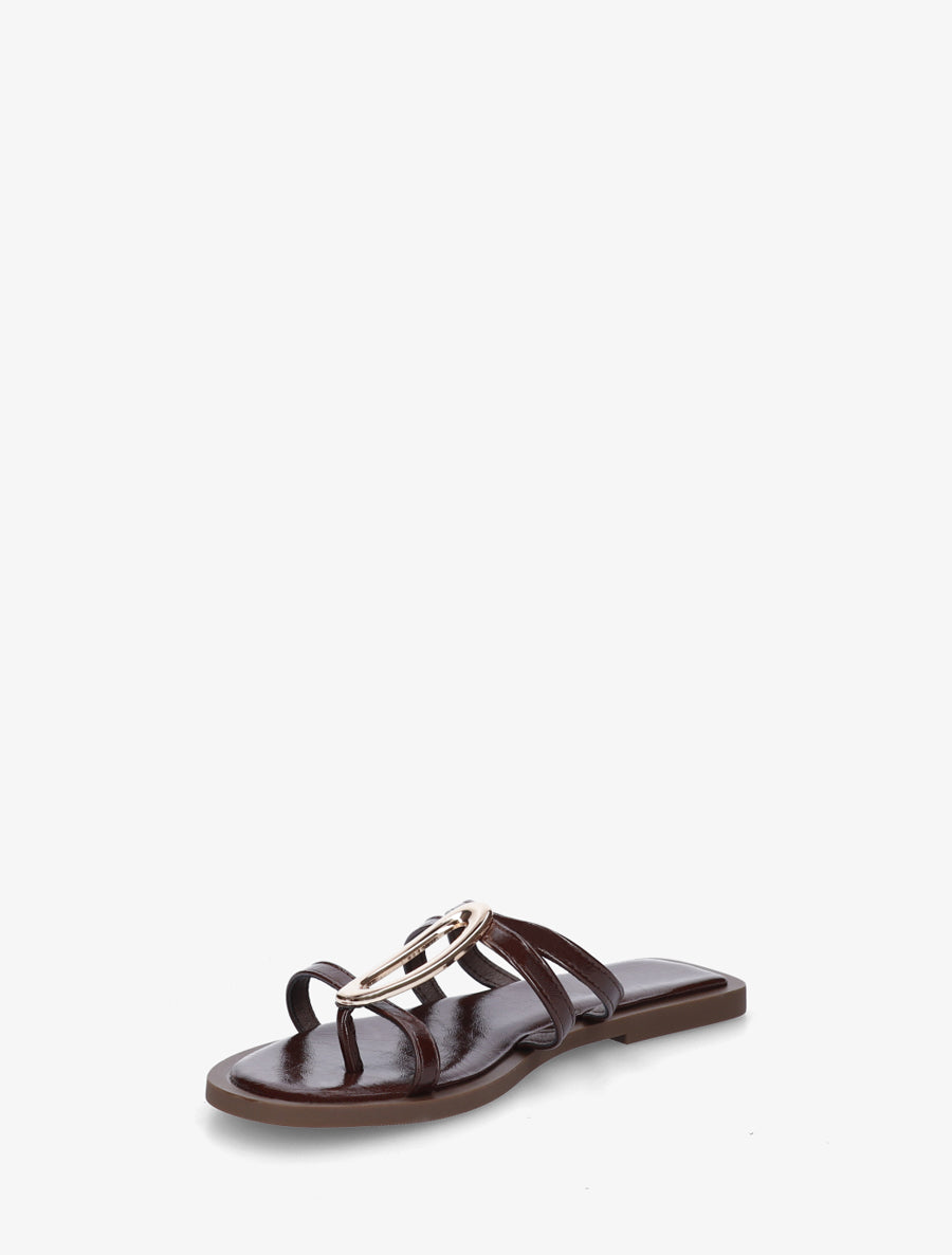 Mules plates à fines brides et bijou métal - Marron - 3