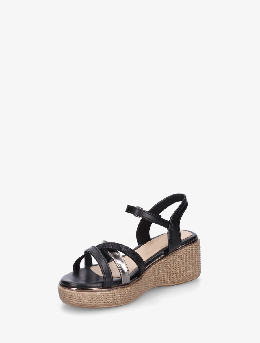 Sandales compensées à brides croisées fantaisies - Noir - 3