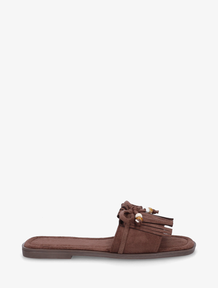 Mules en suédine à frange et noeud - Marron - 1