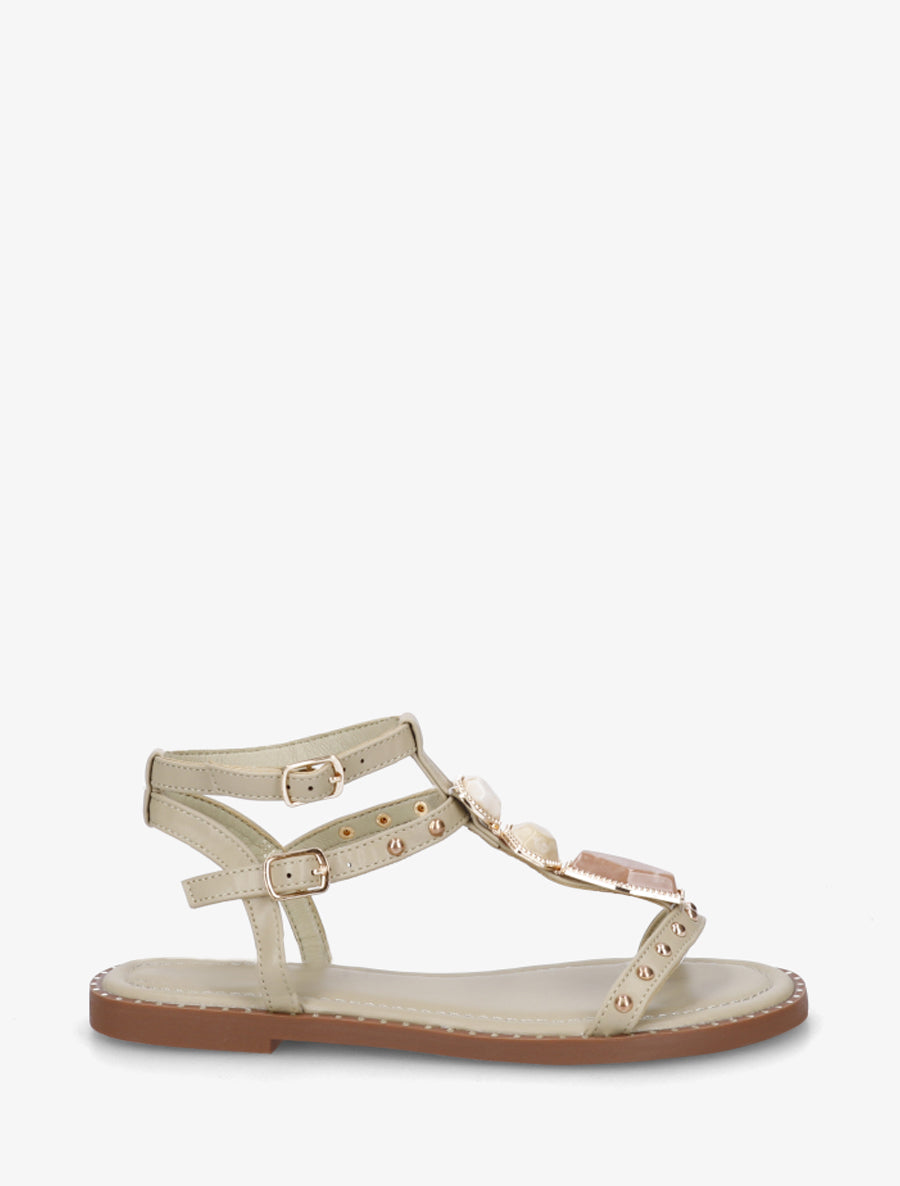 Nu-pieds en simili à empiècement pierres - Kaki clair - 1