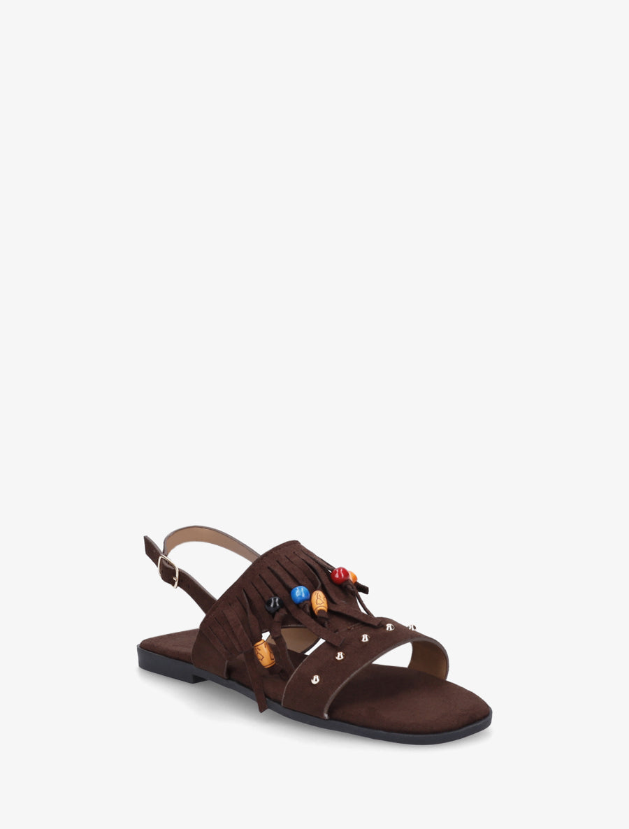 Sandales en suédine à franges et perles de bois - Marron - 2