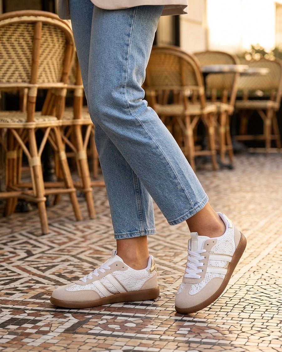 Baskets en dentelle à bandes contrastantes - Blanc