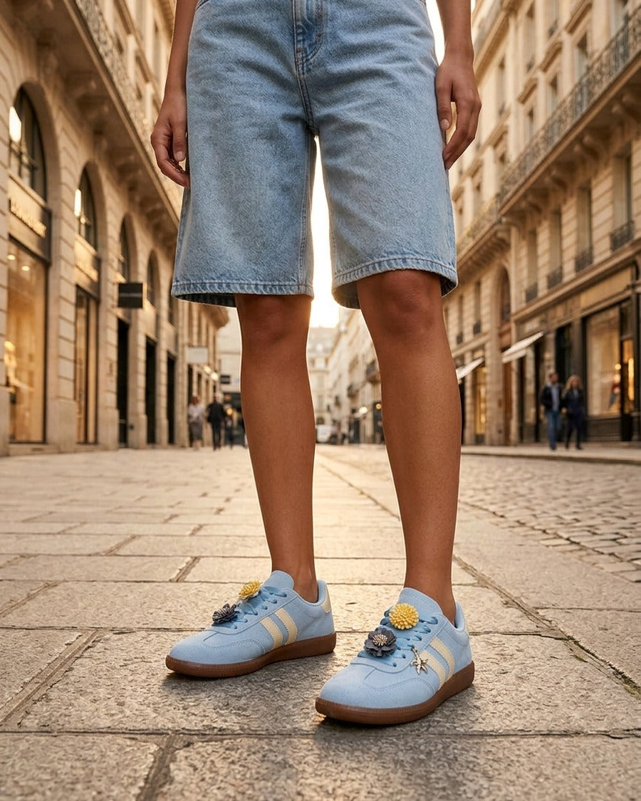 Sneakers à empiècement fleurs et bandes contrastantes - Bleu ciel
