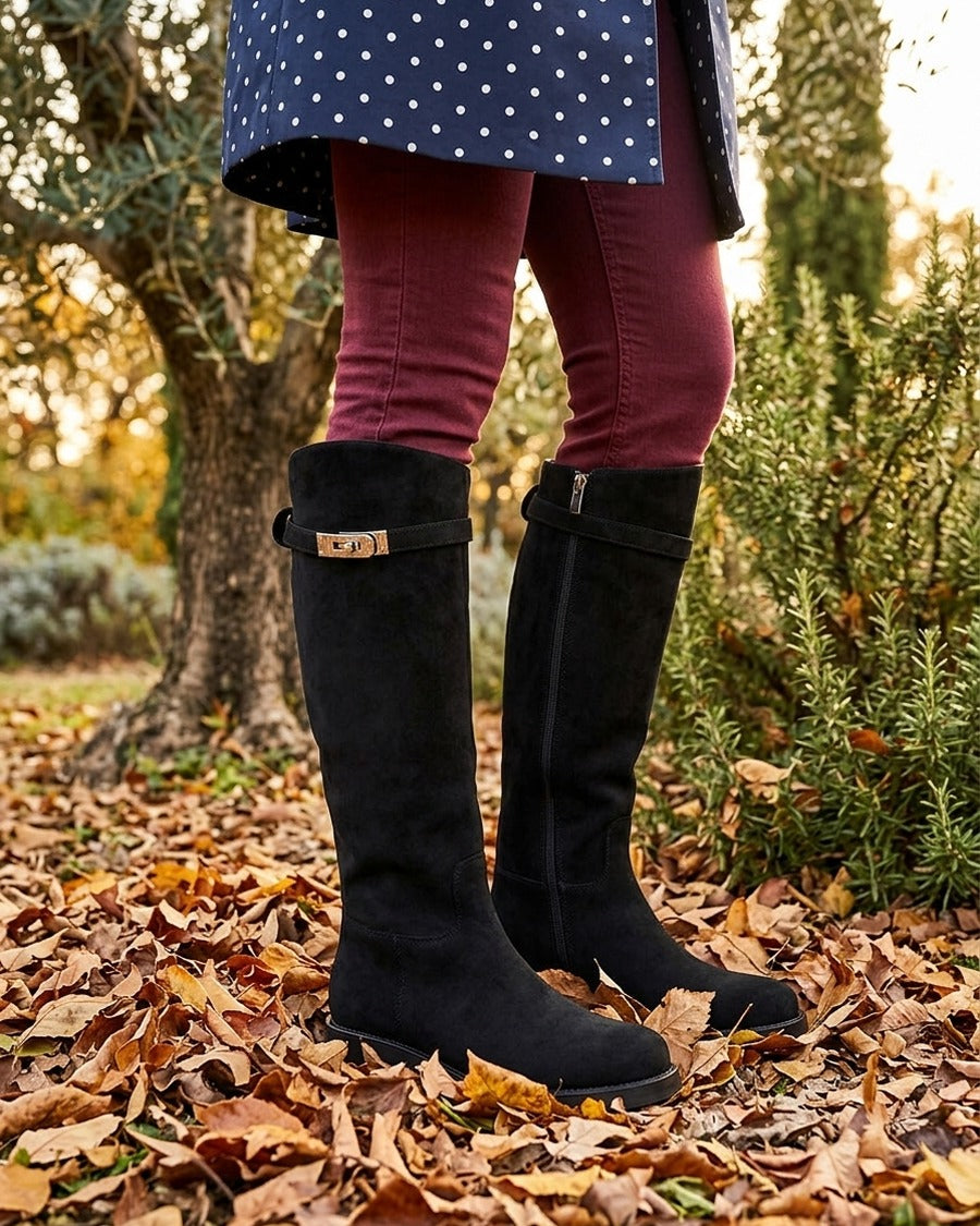 Bottes en suédine style cavalière à sangle - Noir